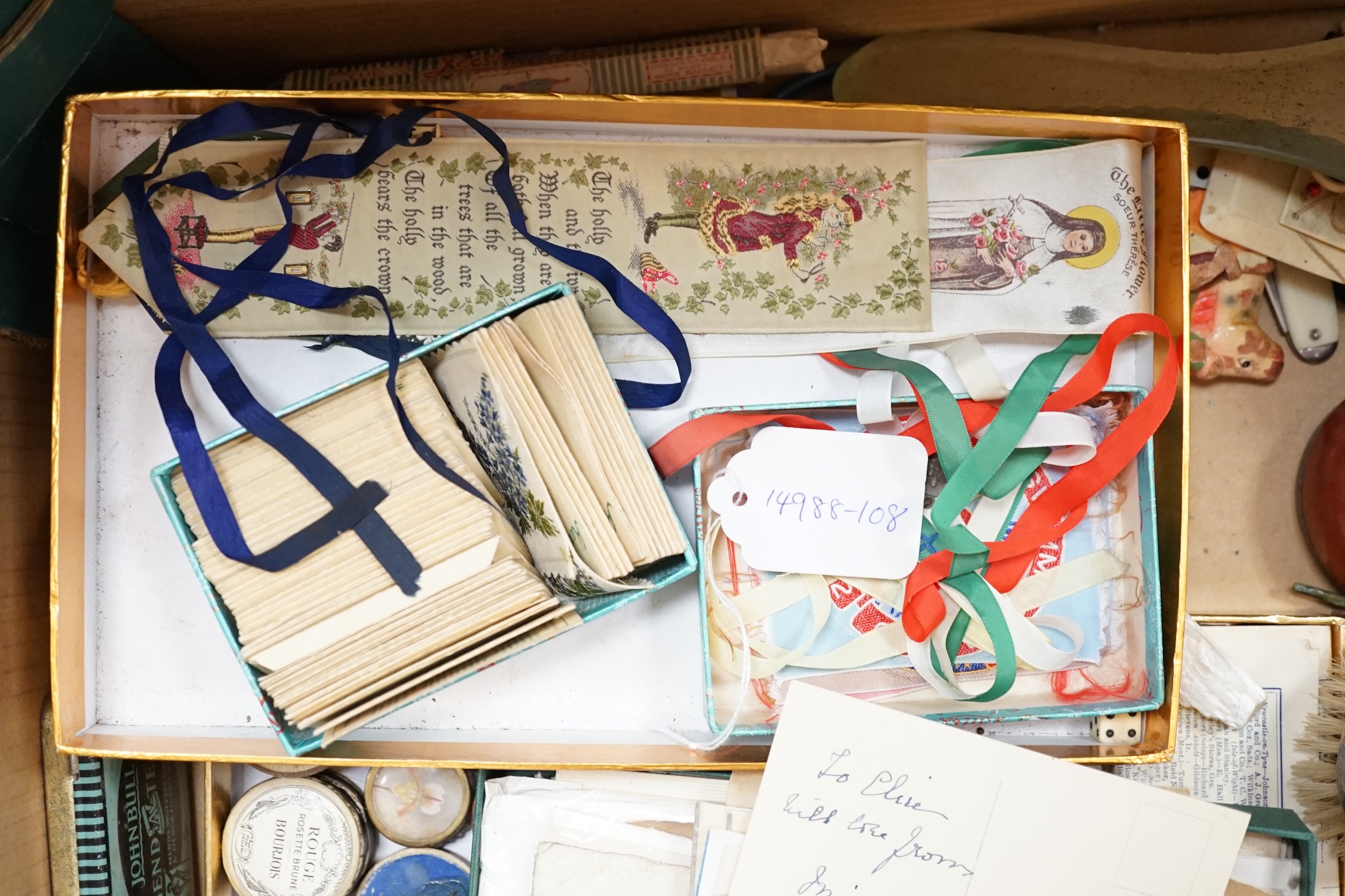 A collection of old advertising rouge boxes, button boxes, mixed sewing cases, cards and a mid 20th century autograph album. Condition - varies